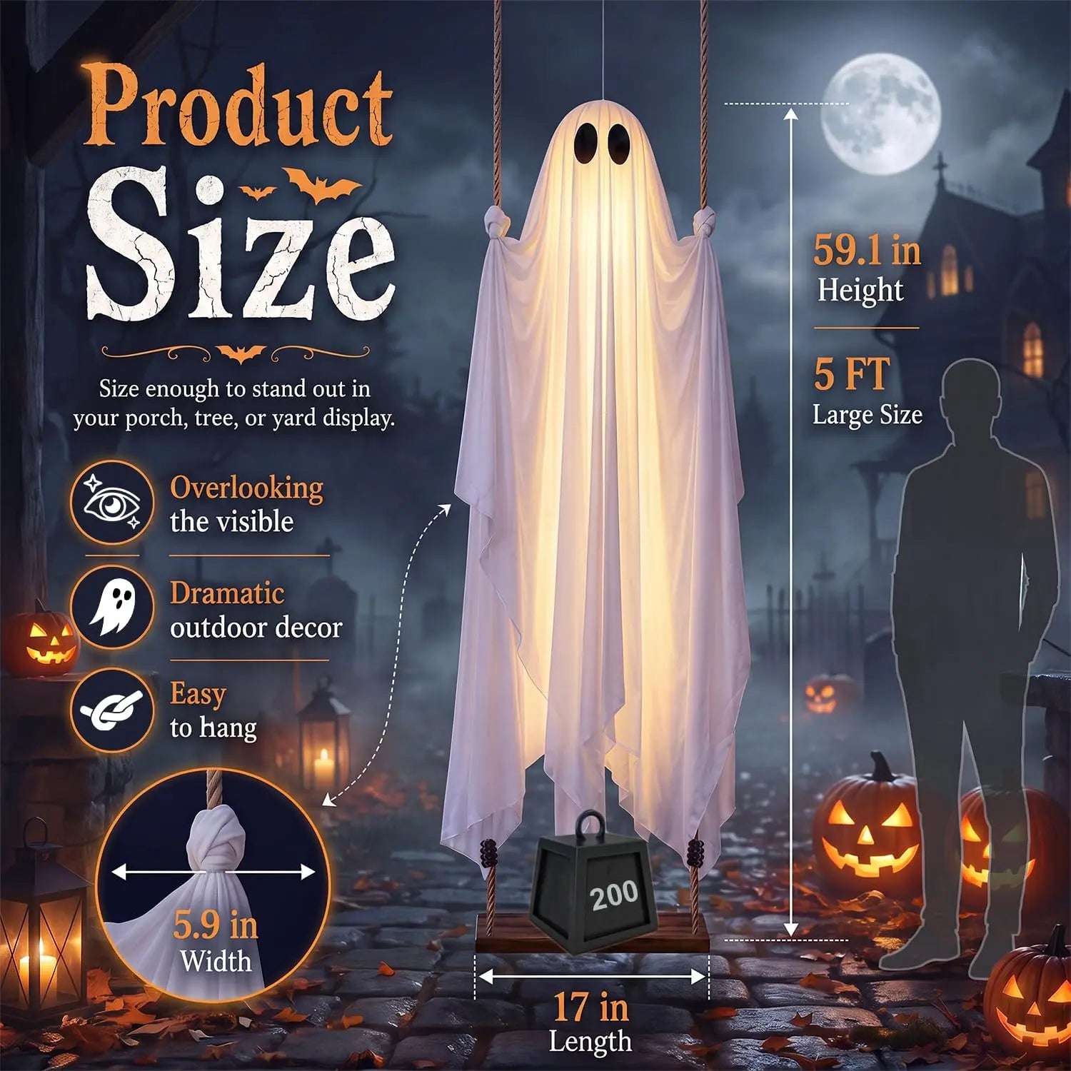 👻 5FT Hanging Halloween Ghost Decoration – Swinging Outdoor Yard Decor for Spooky Night Fun